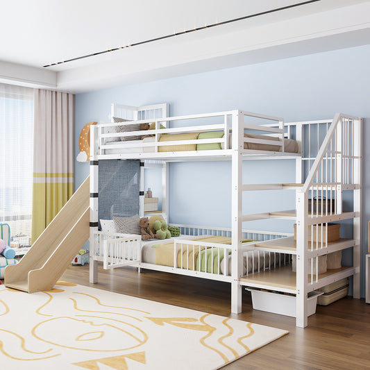 Gigab2b original image - Metall-Hochbett für Kinder mit Rutsche und Stauraumtreppe 90*200CM, Etagenbettgestell mit Schutzgittertür, integrierten Regalen, platzsparendes Kinderbett für Jungen- und Mädchenzimmer Weiß