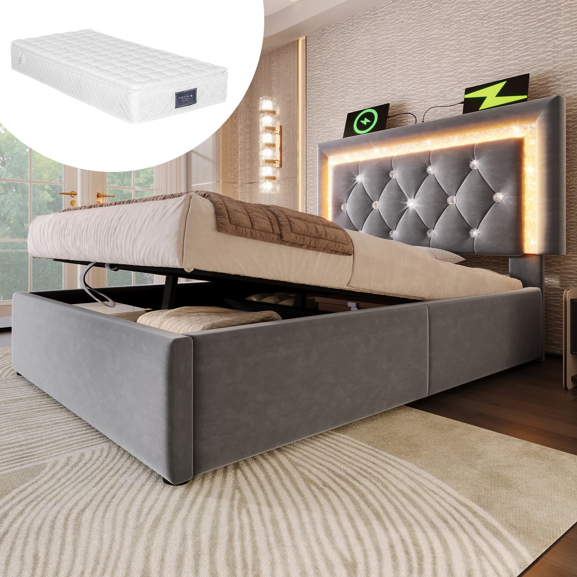 Gigab2b original image - Polsterbett 90x200 cm Samt Einzelbett mit LED-Diamantband im Kopfteil, USB & Type-C Ladestation, hydraulischem Bettkasten mit Stauraum, modernes Jugendbett mit Lattenrost, Grau(Mit Matratze)