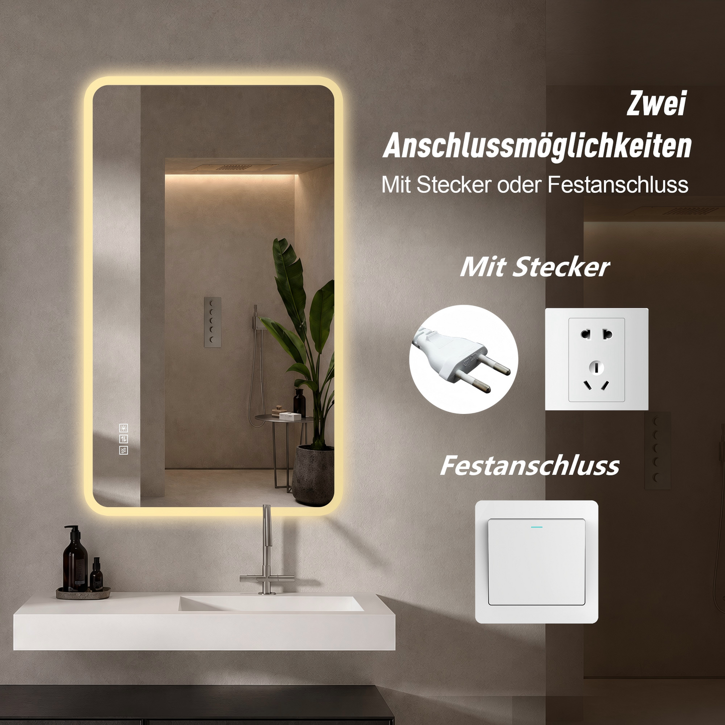 60×120cm LED Badezimmerspiegel mit Milchglasrand, Frontbeleuchtung, Anti-Beschlag, 3 Lichtfarben, Stufenlos Dimmbar, Memory-Funktion, Horizontal & Vertikal Montierbar, IP44 Wasserdicht