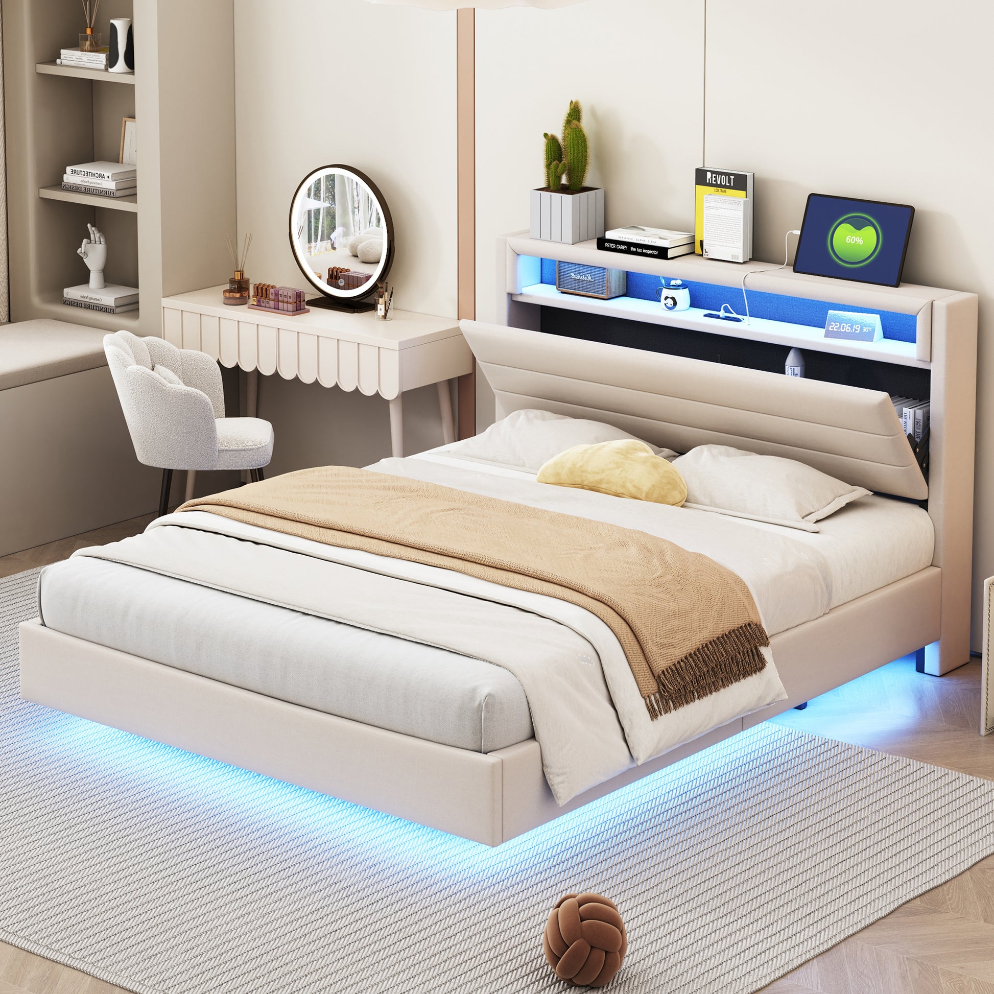 Gigab2b original image - Polsterbett 140x200 cm mit USB-Steckdose und LED-Licht, wendbares Kopfteil, verdecktes Fußteil, Doppelflachbett, Jugendbett, Erwachsenenbett, Leinenstoff Beige