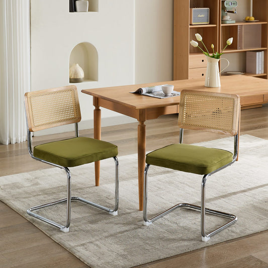 Gigab2b original image - Mid Century Modern Dining Chairs Set of 2, Velvet Accent Chairs with Natural Cane Back & Stainless Chrome Base, Famous Breuer Designed Chairs, Upholstered Rattan Kitchen Chairs,Olive Green, DE1851OL