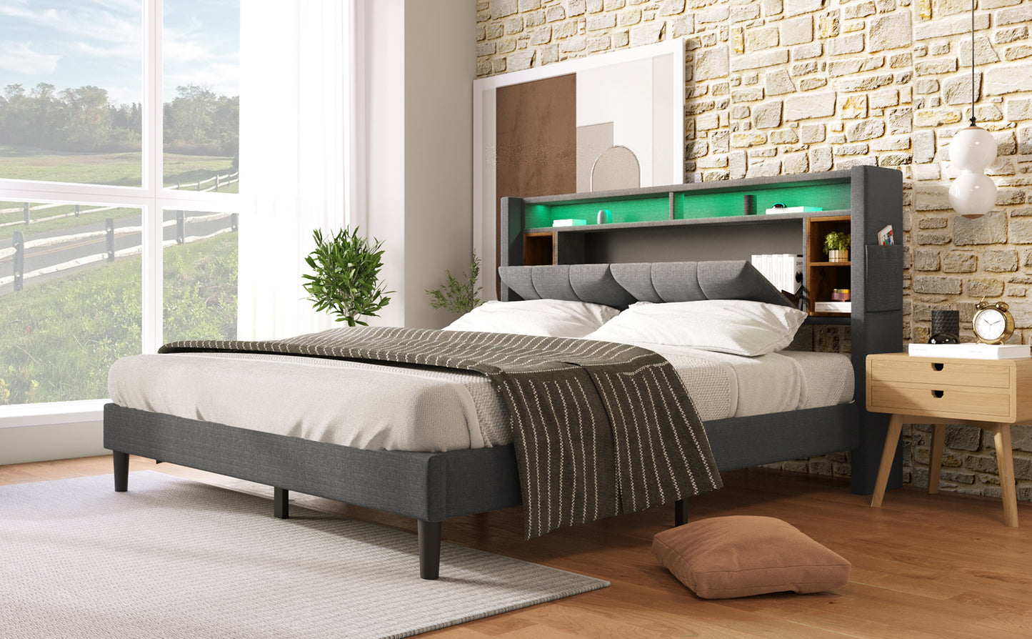 (=067980AAG)Polsterbett Doppelbett Stauraum-Kopfteil Bett mit aufladen USB und LED-Beleuchtung Bettgestell  Lattenrost aus Holz,160*200CM Grau(Ohne Matratze)