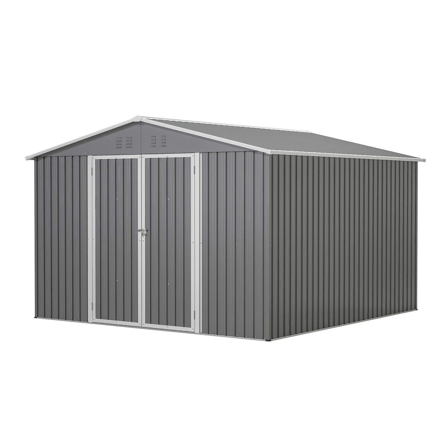 10'x10' Metal Storage Shed with Floor Frame, Heavy Duty Steel Garden Shed, Lockable Doors & Weather Resistant for Backyard Patio Lawn – Grey