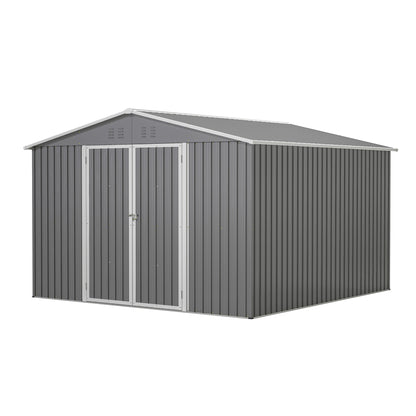 10'x10' Metal Storage Shed with Floor Frame, Heavy Duty Steel Garden Shed, Lockable Doors & Weather Resistant for Backyard Patio Lawn – Grey