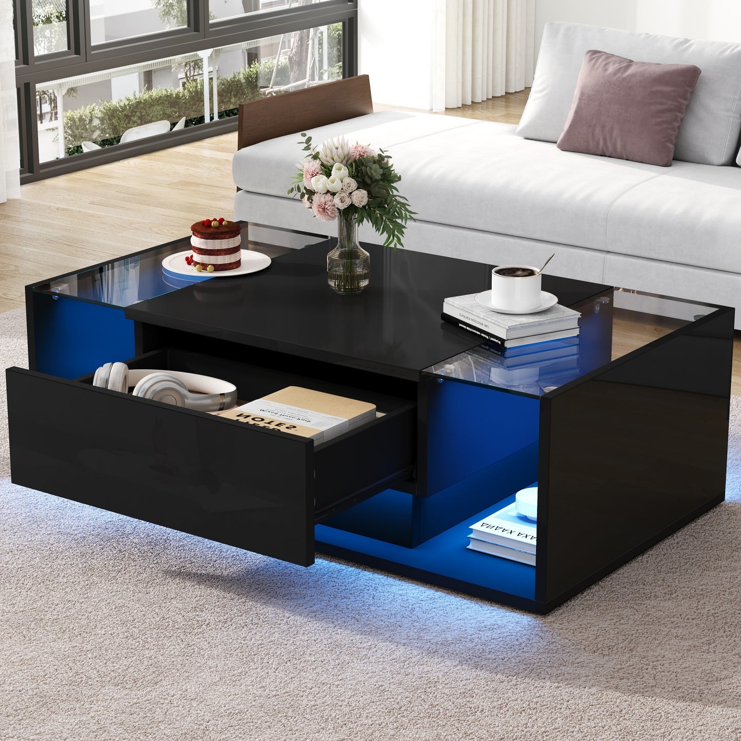 100*50*31cm Couchtisch,kaffetisch mit 1 Schublade und LED-Lichtleiste, Beistelltisch aus gehärtetem Glas,Hochglanz-Sofatisch,Schwarzer Wohnzimmertisch mit minimalistischem Design