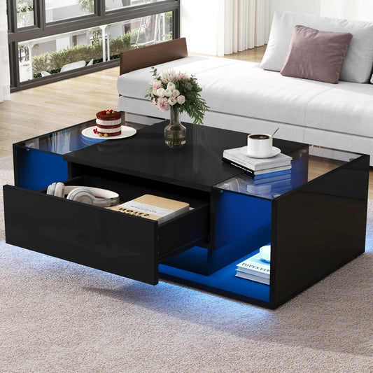 100*50*31cm Couchtisch,kaffetisch mit 1 Schublade und LED-Lichtleiste, Beistelltisch aus gehärtetem Glas,Hochglanz-Sofatisch,Schwarzer Wohnzimmertisch mit minimalistischem Design