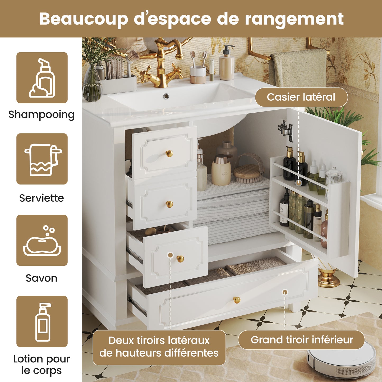 Badezimmer Waschbeckenunterschrank 76,5cm mit Keramikwaschbecken & Goldgriffen – Antibakteriell, mit Überlaufloch & viel Stauraum Weiß
