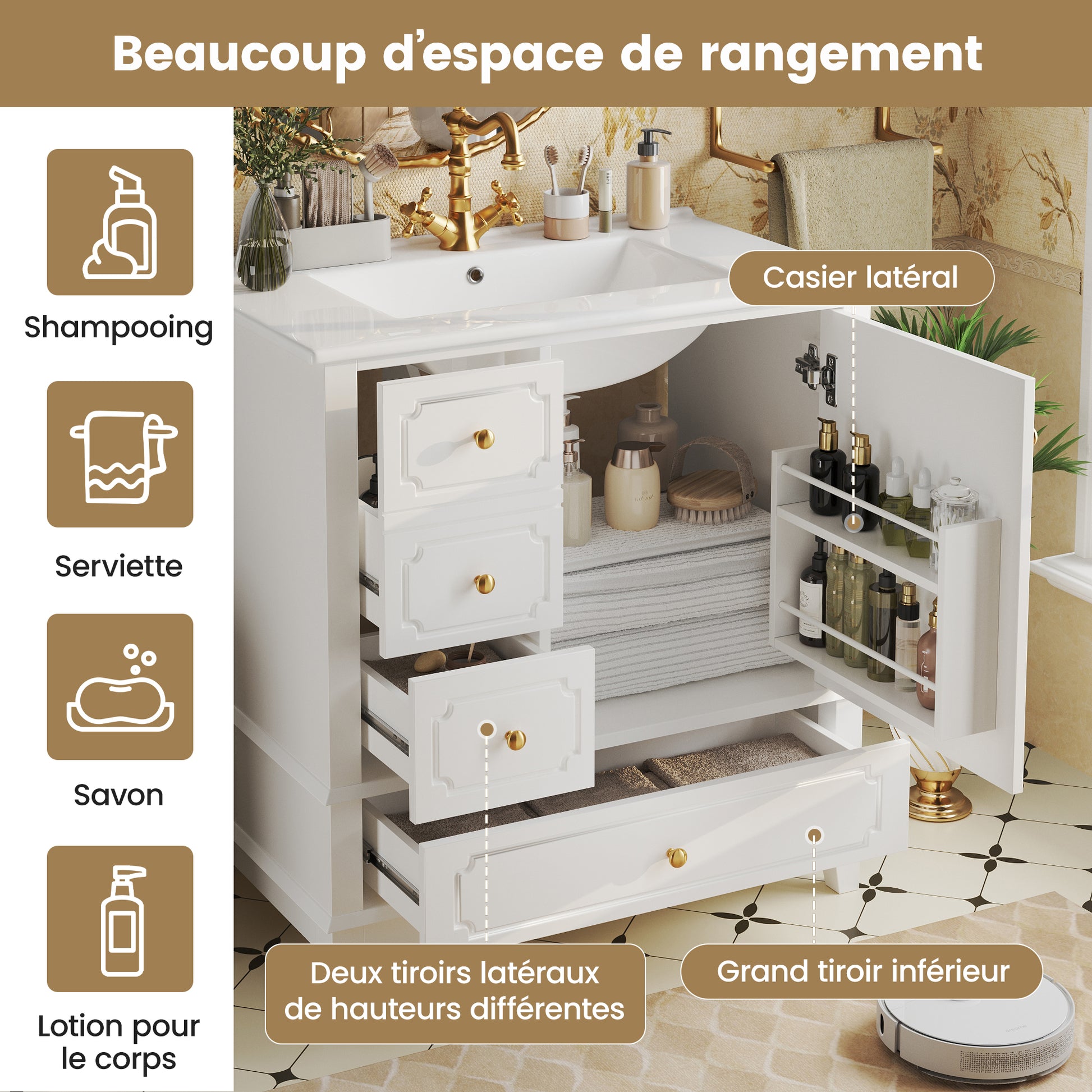 Badezimmer Waschbeckenunterschrank 76,5cm mit Keramikwaschbecken & Goldgriffen – Antibakteriell, mit Überlaufloch & viel Stauraum Weiß