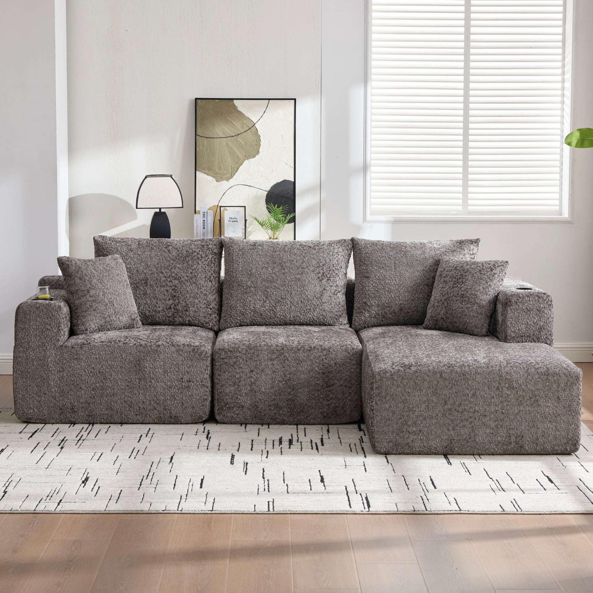 102'' Komprimiertes modulares Ecksofa, Grau knochenlos mit Getränkehalter, L-förmig mit tiefer Sitzfläche, keine Montage – Maße: 261×165×80.5 cm