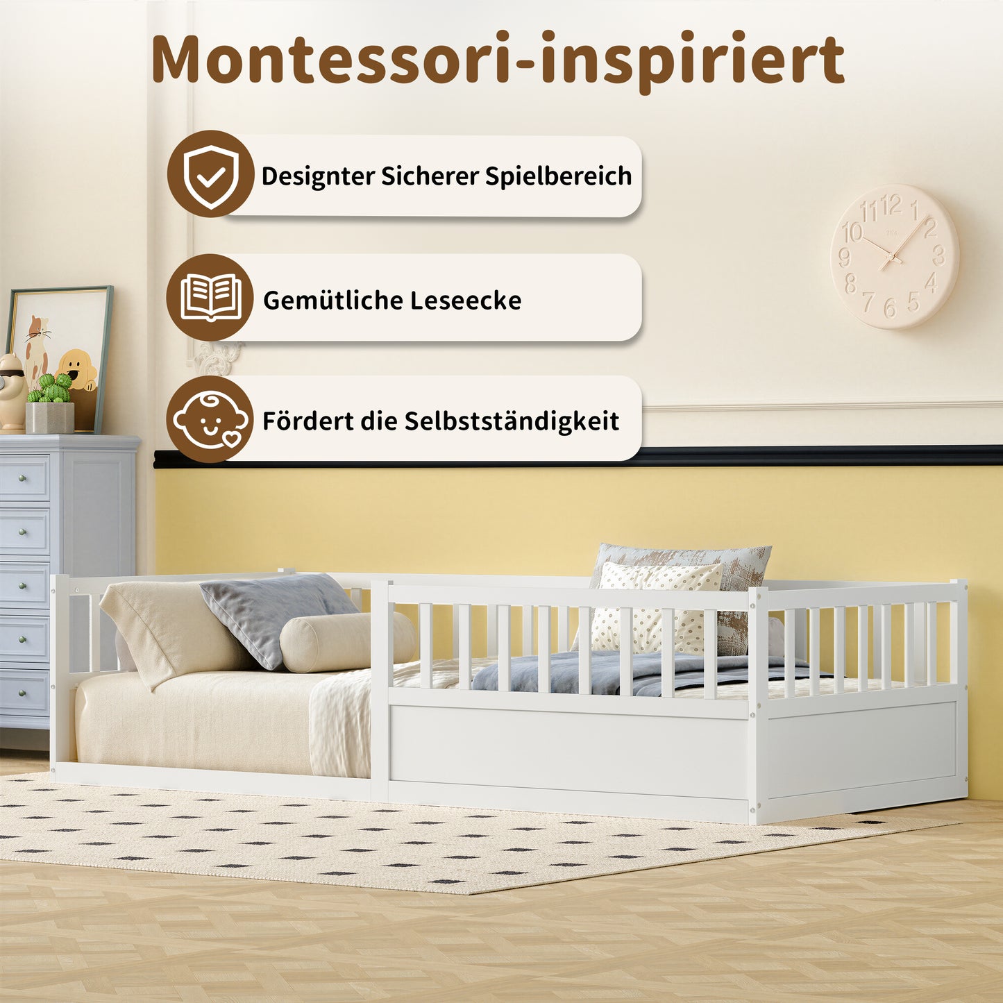 Solid Wood Montessori Floor Bed with Safety Railing and Slatted Frame