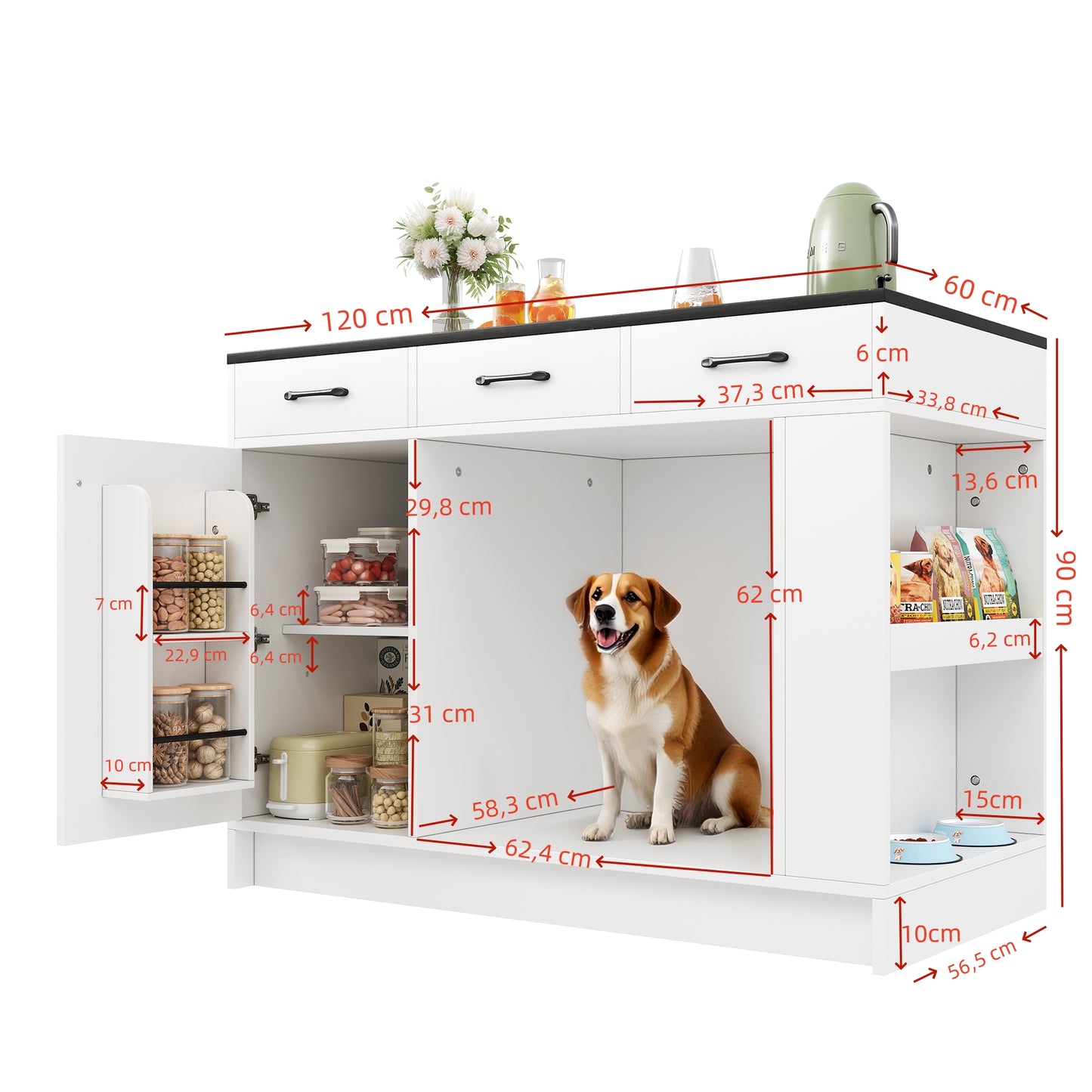 Kücheninsel, Schrank mit 3 Schubladen, 1 Gewürzablage, verstellbare Regalplatte, Doppelablage (ohne Hundefutterteller), geräumiger Haustieraufbewahrungsbereich (ohne Hundekissen), 120*60*90 cm, weiß