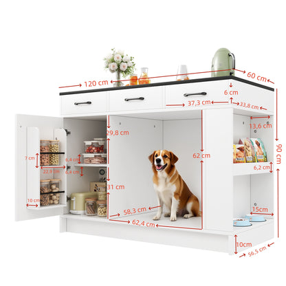 Kücheninsel, Schrank mit 3 Schubladen, 1 Gewürzablage, verstellbare Regalplatte, Doppelablage (ohne Hundefutterteller), geräumiger Haustieraufbewahrungsbereich (ohne Hundekissen), 120*60*90 cm, weiß