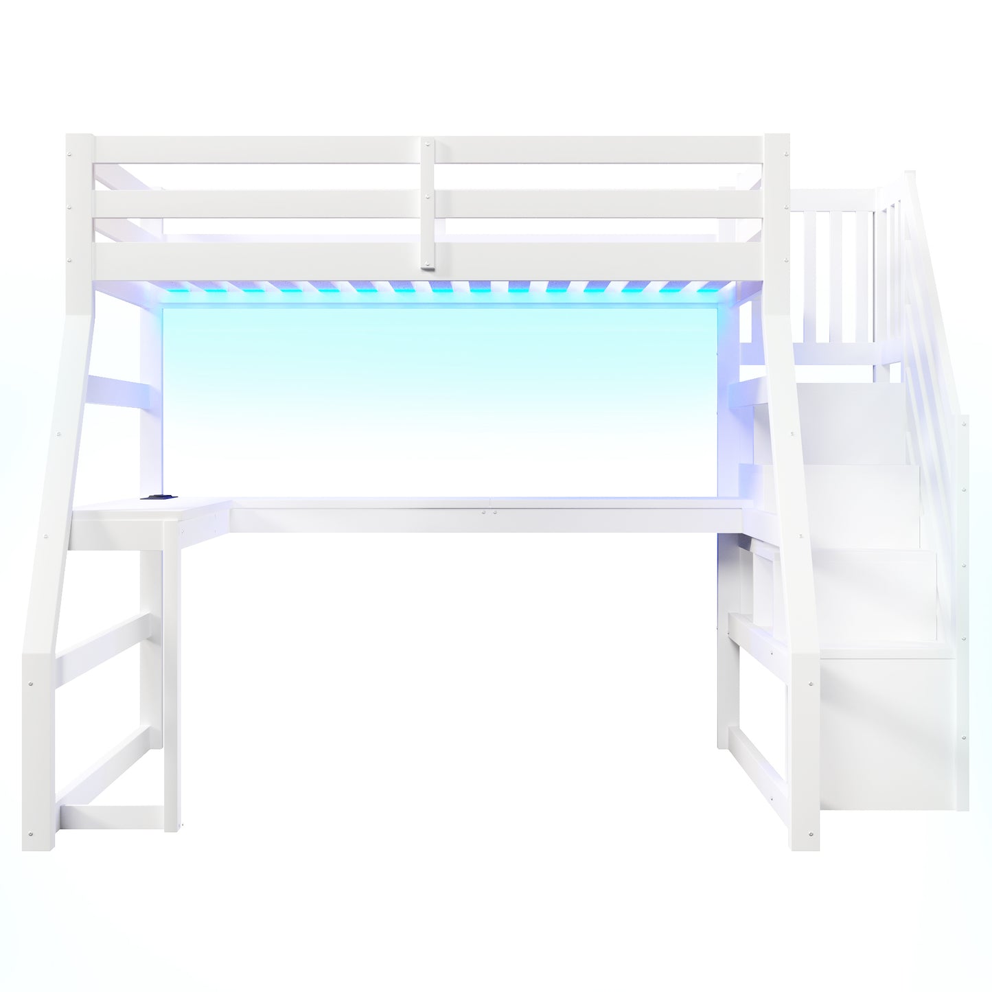 90x200 großes Hochbett aus Holz mit Schreibtisch, LED-Beleuchtung, USB-Anschluss und Treppe mit Stauraum, Weiß