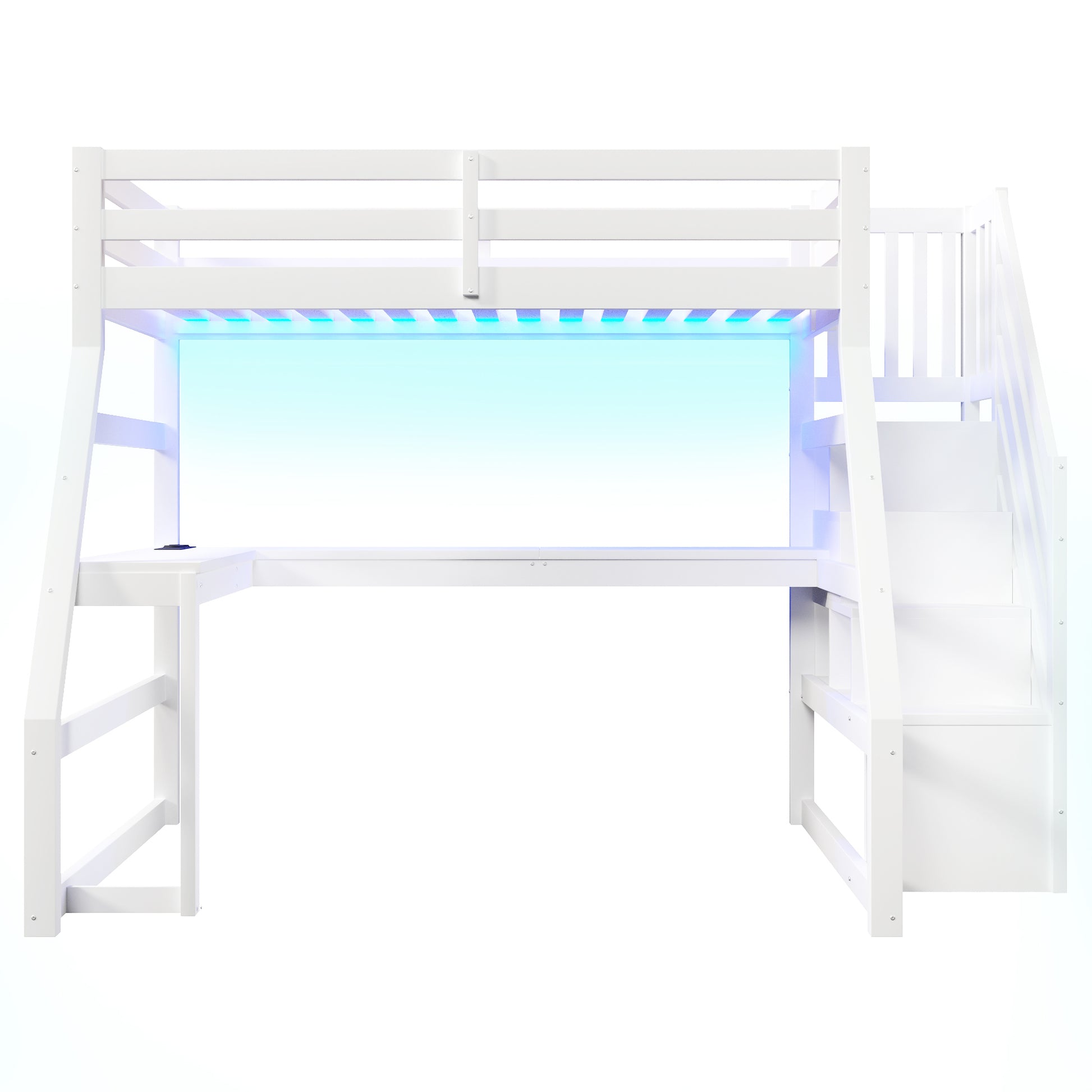 90x200 großes Hochbett aus Holz mit Schreibtisch, LED-Beleuchtung, USB-Anschluss und Treppe mit Stauraum, Weiß