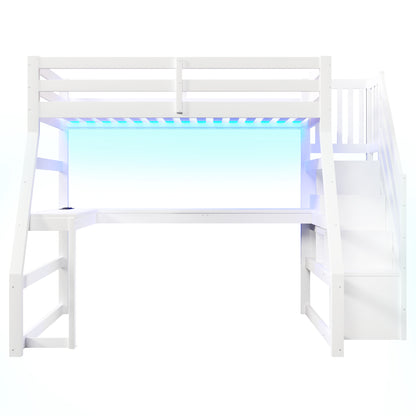 90x200 großes Hochbett aus Holz mit Schreibtisch, LED-Beleuchtung, USB-Anschluss und Treppe mit Stauraum, Weiß