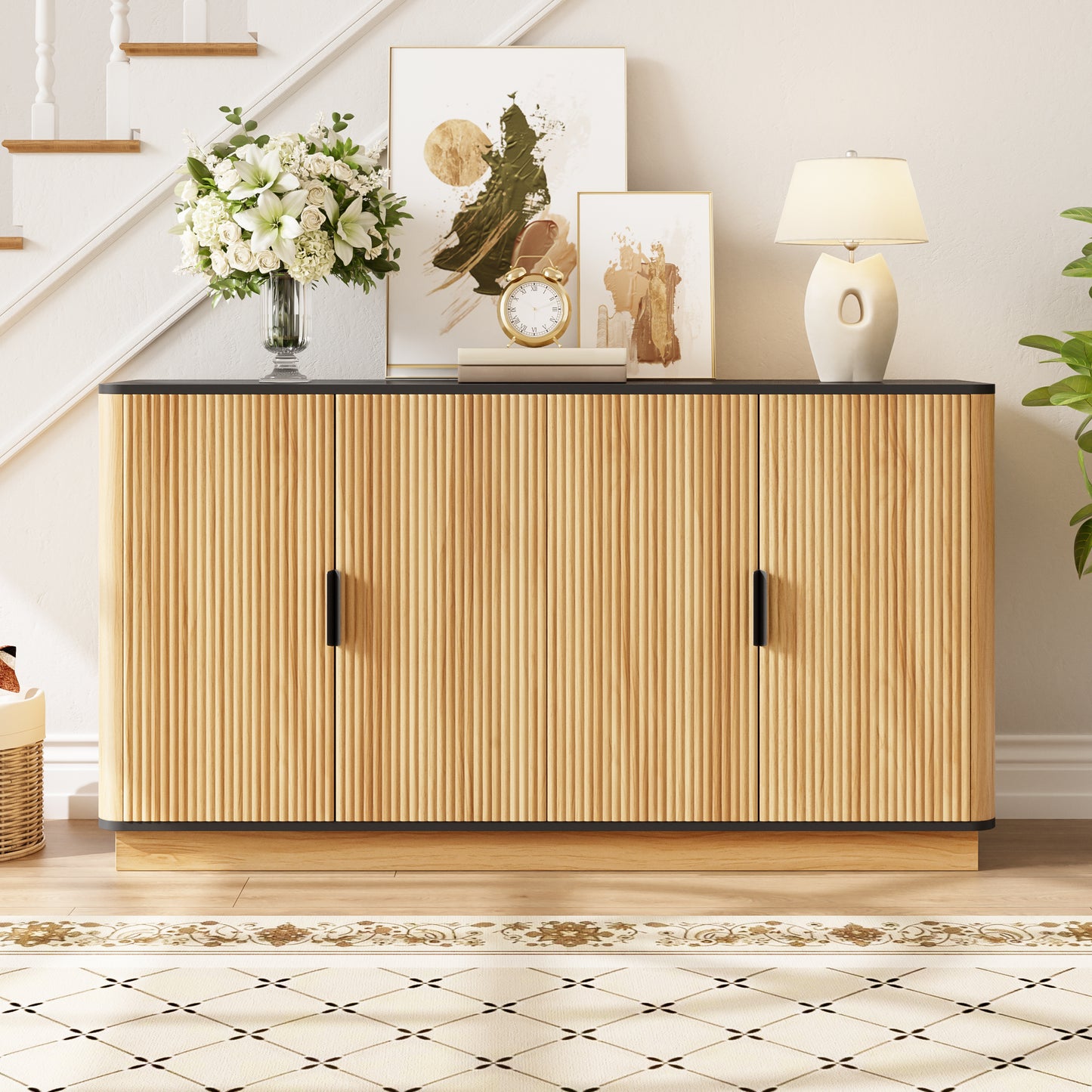 Sideboard 4-türig, vertikale Riffelung, Holzoptik, Schrank für Wohnzimmer, Flur, Esszimmer, Stauraum