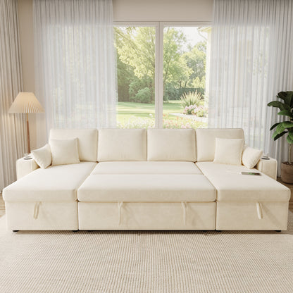 U‑förmiges Ecksofa mit Schlaffunktion, ausziehbares Schlafsofa, integrierter Stauraum, doppelte Chaiselongue mit verstecktem Stauraum, Becherhalter, USB‑Ladeanschluss und Armlehnen‑Ablage,Beige
