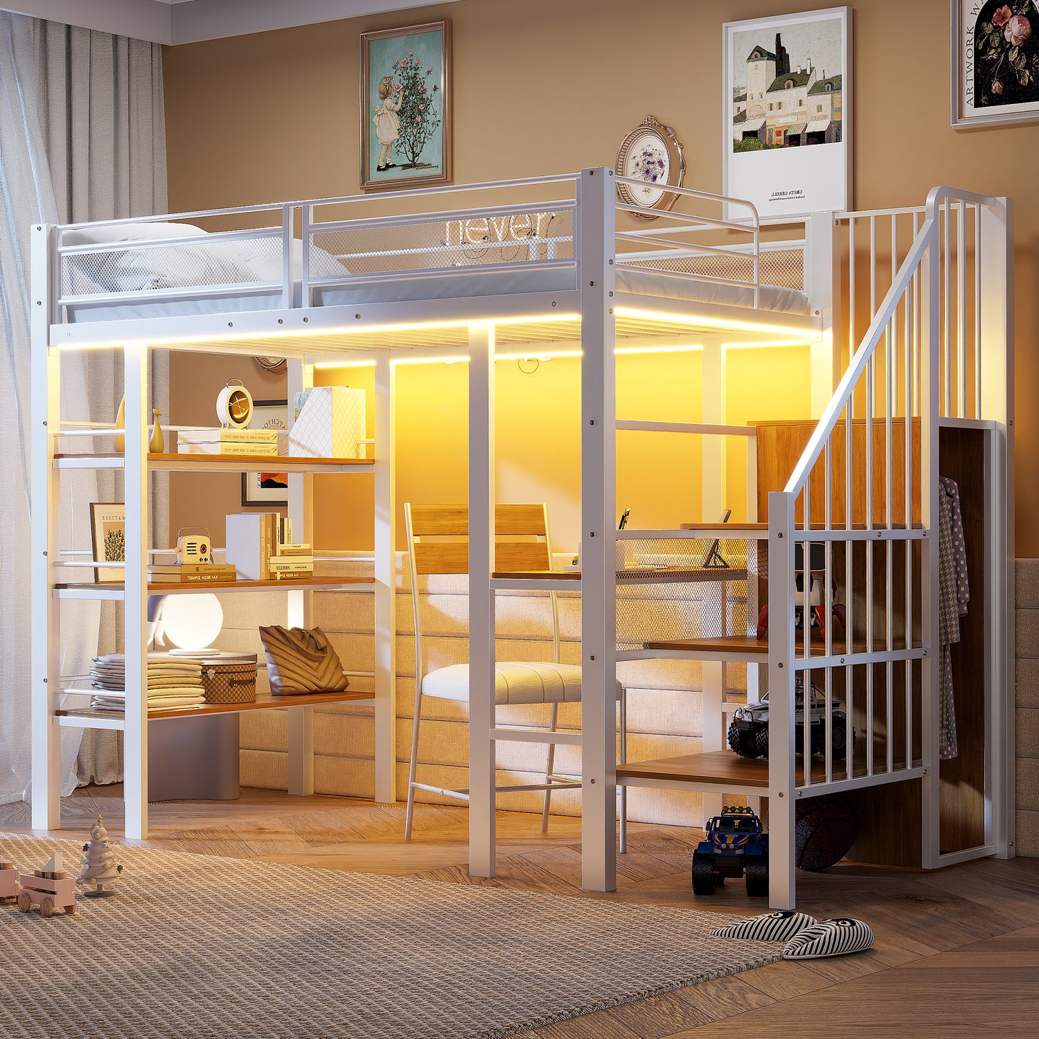 Gigab2b original image - Hochbett, 90 x 200 mit LED-Lichtleiste und Steckdose, schmiedeeisernes Bett mit Ablagefach und Bücherregal, multifunktionales Einzelbett,Weiß