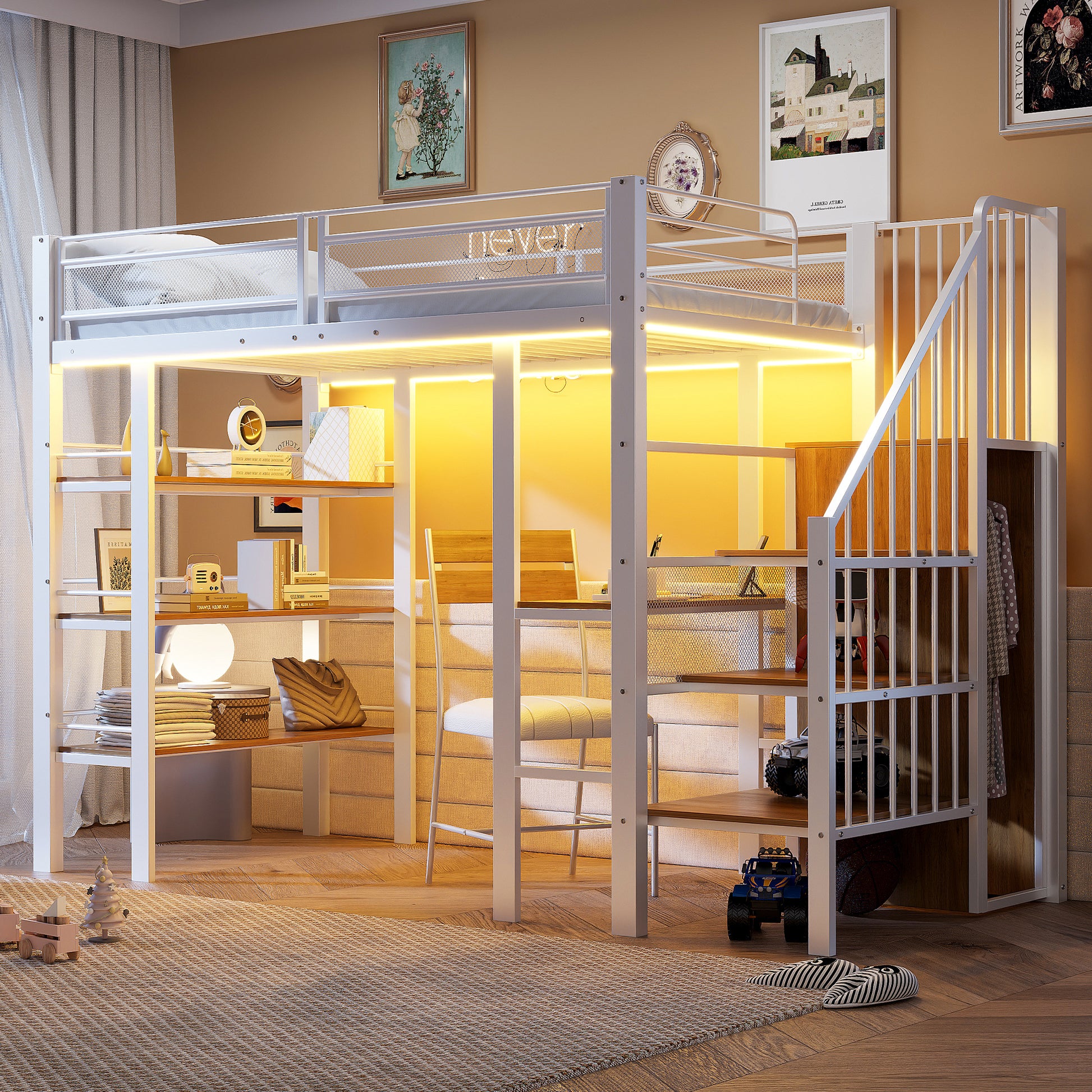 Gigab2b original image - Hochbett, 90 x 200 mit LED-Lichtleiste und Steckdose, schmiedeeisernes Bett mit Ablagefach und Bücherregal, multifunktionales Einzelbett,Weiß
