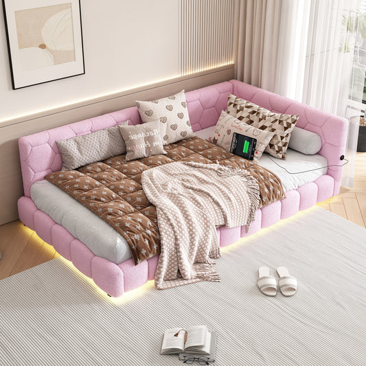 Daybett, 90*200cm Tagesbett, Schlafsofa, Bett mit Lattenrost(ohne Matratze), 16 Farben Umgebungslicht, USB-Anschluss,Typ-C, Bequemes Material, Vliesimitat, Rosa