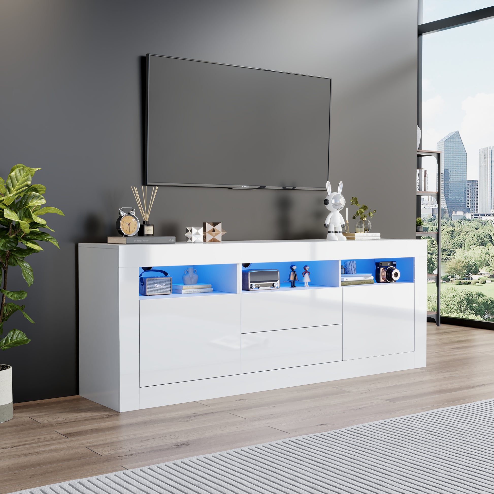 160*35*60cm Hochglanz-TV-Schrank mit LED-Beleuchtung, 3 offenen Fächern, 2 Türen, 2 Schubladen, Smart App Steuerung, für 70-Zoll-Fernseher,Hochglanz-TV-Ständer