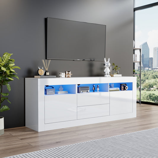 160*35*60cm Hochglanz-TV-Schrank mit LED-Beleuchtung, 3 offenen Fächern, 2 Türen, 2 Schubladen, Smart App Steuerung, für 70-Zoll-Fernseher,Hochglanz-TV-Ständer