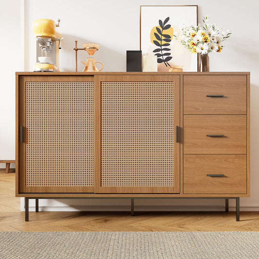 Gigab2b original image - Sideboard mit 2 Schiebetüren und 3 Schubladen mit verstellbaren Einlegeböden, Sideboard im Landhausstil, geeignet für Wohn- und Esszimmer. Maße: Breite 140/H91/T37 cm