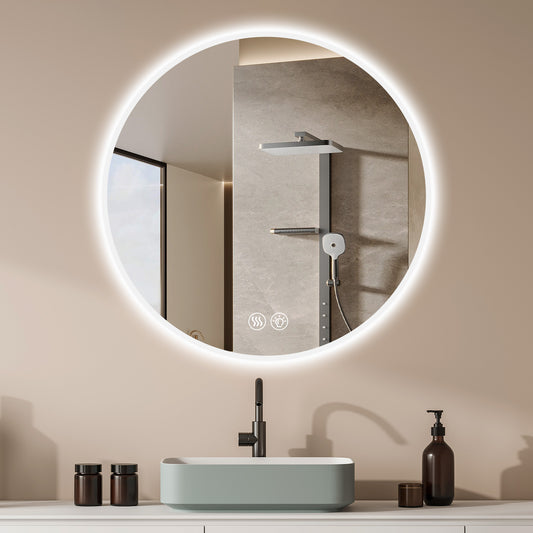 70cm LED Round  Bathroom Mirror with Lights-Wall Mount Vanity, Anti-Fog, 3 Color Temperature Adjustable & Dimmable Light, Makeup Mirror for Bedroom & Bathroom, Smart Mirror for Modern Home Decor