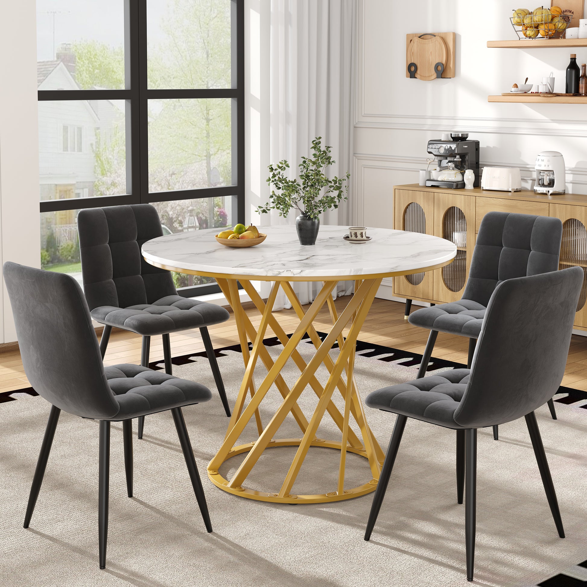 Gigab2b original image - Esstisch-Set (5-teilig), Esstisch-Set mit 4 Stühlen, modernes Küchentisch-Set, runder Küchentisch mit 80 cm Durchmesser und goldenen Metallbeinen, weiße MDF-Tischplatte, dunkelgraue Samt-Esszimmerstüh