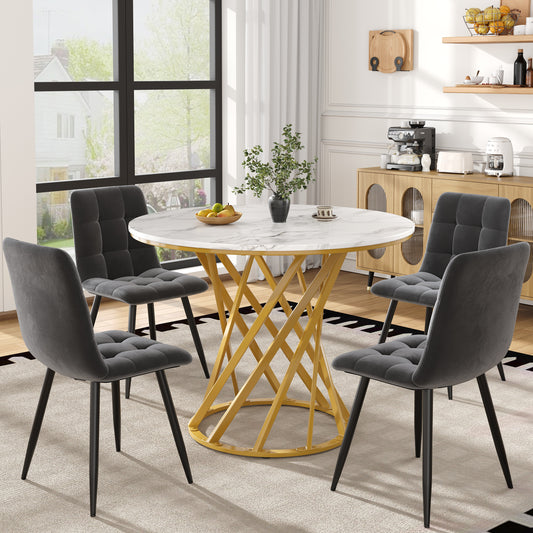 Gigab2b original image - Esstisch-Set (5-teilig), Esstisch-Set mit 4 Stühlen, modernes Küchentisch-Set, runder Küchentisch mit 80 cm Durchmesser und goldenen Metallbeinen, weiße MDF-Tischplatte, dunkelgraue Samt-Esszimmerstüh