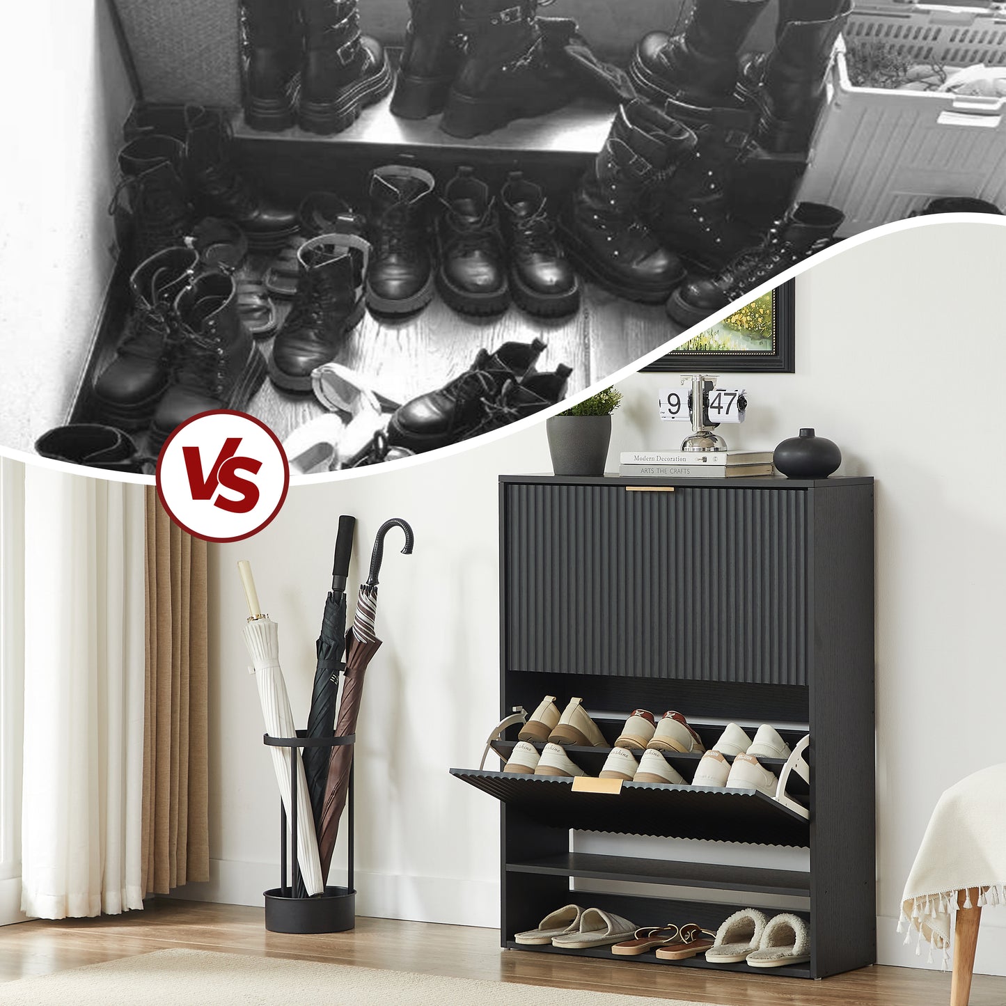 80 x 24 cm Schuhschrank mit Nutfront – Höhenverstellbar mit Kippschutz und Dekotisch für den Flur, in Schwarz