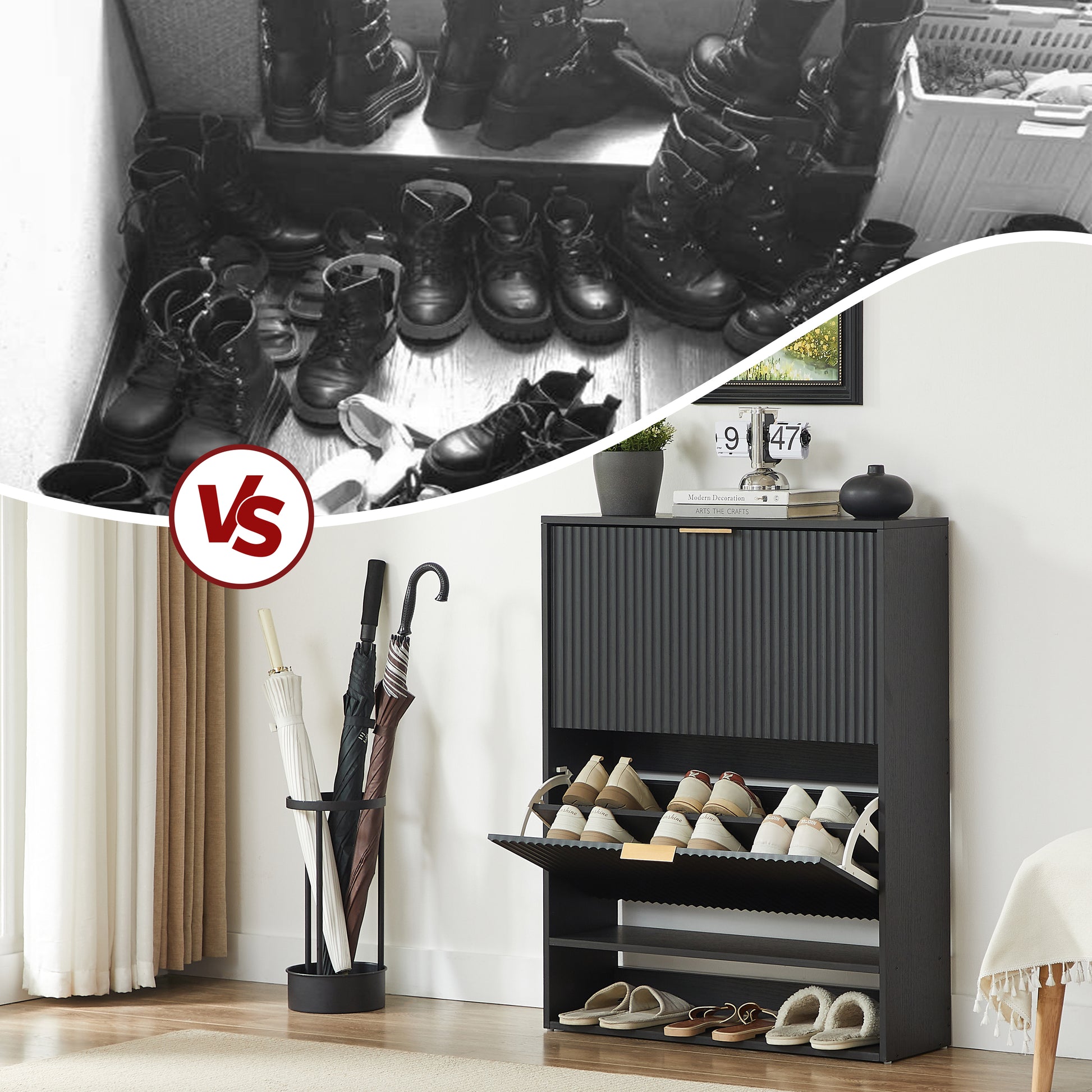 80 x 24 cm Schuhschrank mit Nutfront – Höhenverstellbar mit Kippschutz und Dekotisch für den Flur, in Schwarz