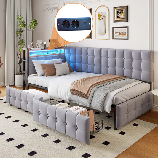 90 X 200 Gepolstertes Schlafsofa, Polsterbett mit 2 Schubladen und LED-Nachttischlampe, USB- und Typ-C-Anschluss, multifunktionales Kinder-Bootsbett, Schlafsofa Einzelbett Grau
