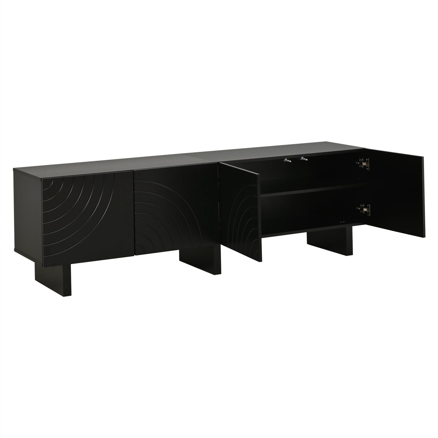 180 × 40 × 55 cm Schwarzes TV-Bank aus Spanplatte, Modernes Lowboard mit Struktur für Wohnzimmer,Fernsehschrank mit 4 Türen, TV-Halterung, Aufbewahrungsschrank.Geeignet für 75-Zoll-Fernseher