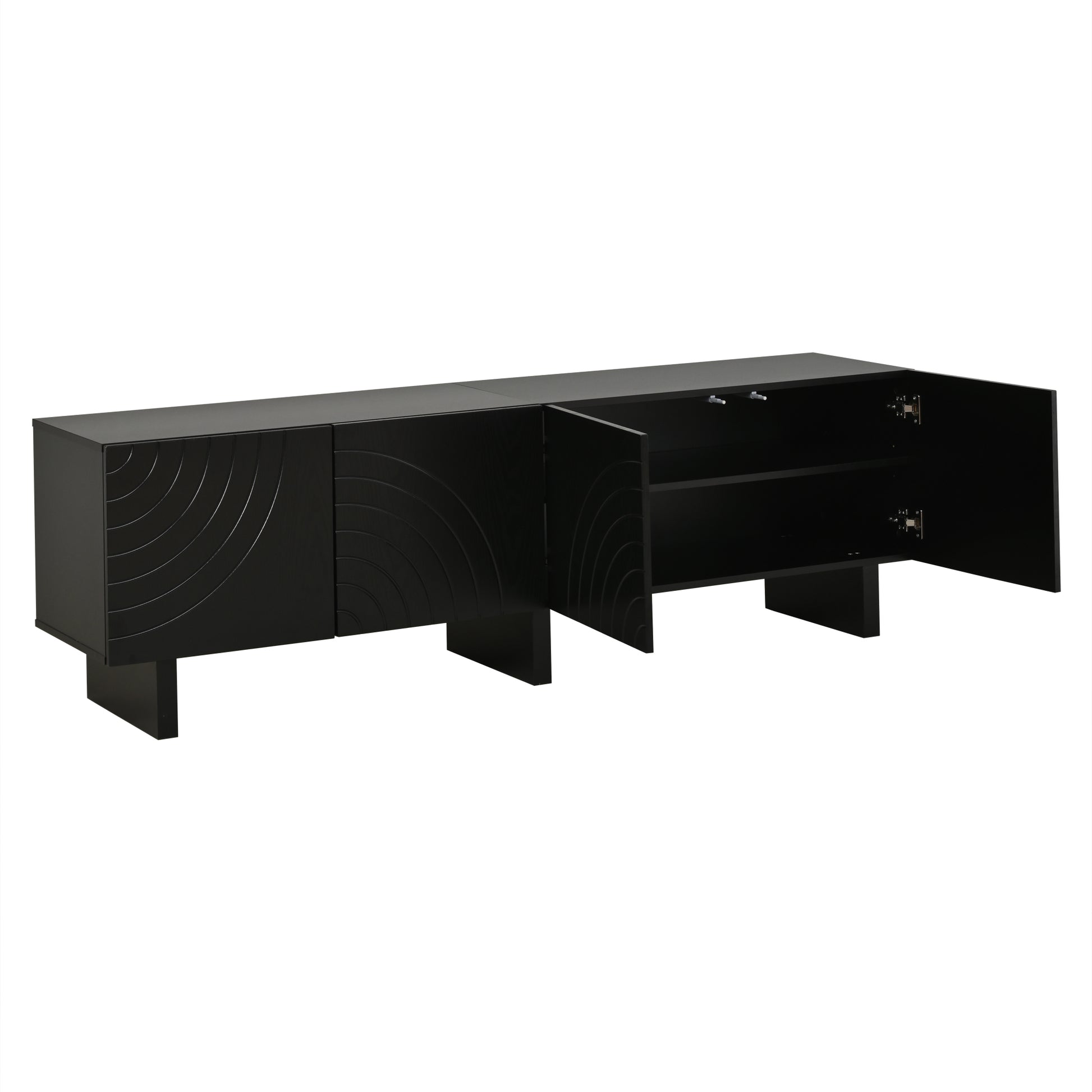 180 × 40 × 55 cm Schwarzes TV-Bank aus Spanplatte, Modernes Lowboard mit Struktur für Wohnzimmer,Fernsehschrank mit 4 Türen, TV-Halterung, Aufbewahrungsschrank.Geeignet für 75-Zoll-Fernseher