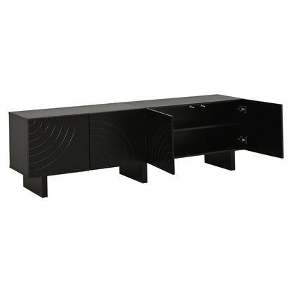 180 × 40 × 55 cm Schwarzes TV-Bank aus Spanplatte, Modernes Lowboard mit Struktur für Wohnzimmer,Fernsehschrank mit 4 Türen, TV-Halterung, Aufbewahrungsschrank.Geeignet für 75-Zoll-Fernseher
