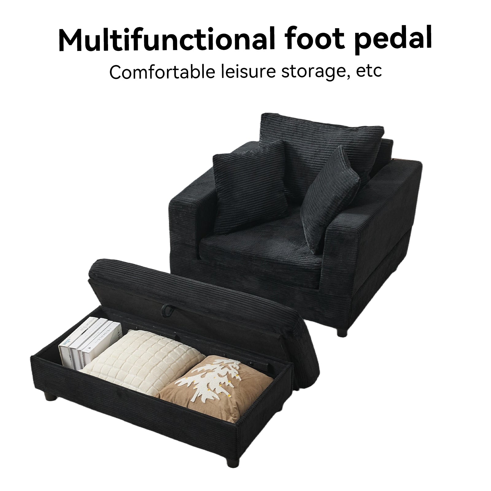 Chaiselongue mit Fußablage & Stauraum, Lounge-Sofa mit 3 Kissen für Wohnzimmer & Schlafzimmer – Schwarz
