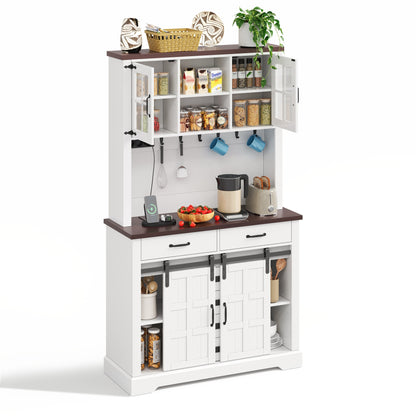 Küchenschrank, Buffetschrank, Sideboard mit Steckdose und LED-Beleuchtung, Küchenmöbel mit Arbeitsplatte, 6 Schubladen, verstellbare Einlegeböden, Haken, 180 × 108 × 40 cm, Weiß