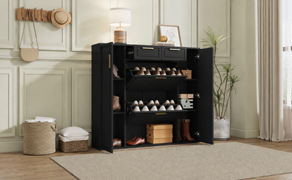 Moderne Schuhschrank, mit verstellbaren Regalen, goldenen Griffen, 2 Schubladen, Klappschuhschrank und 2 Türen, Schwarz, B120/D24/H107 CM