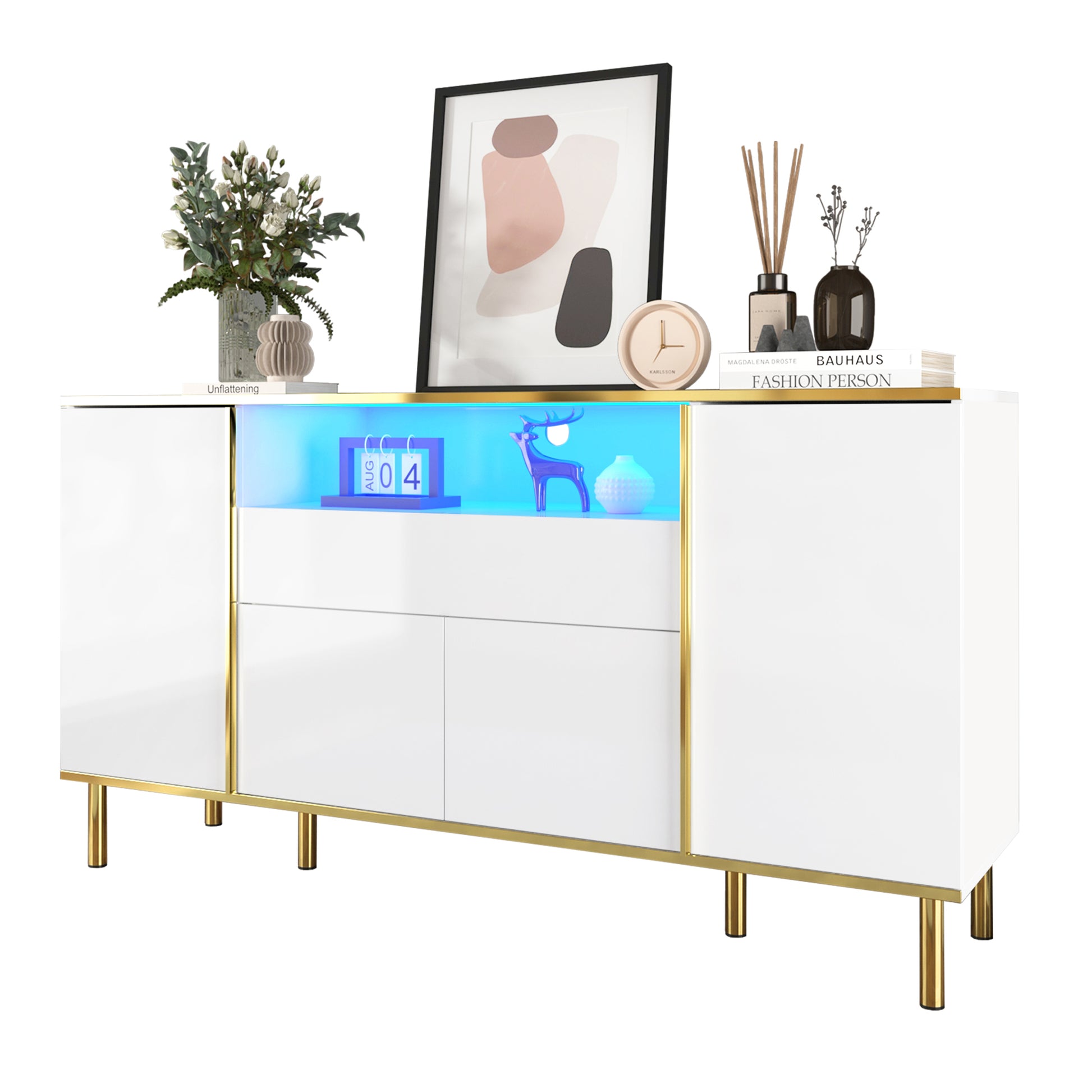 Gigab2b original image - Sideboard, hochglänzende weiße Kommode mit 1 Schublade, Kommode, Schlafzimmerkommode, hochglänzendes weißes Sideboard – B150/T40/H80cm
