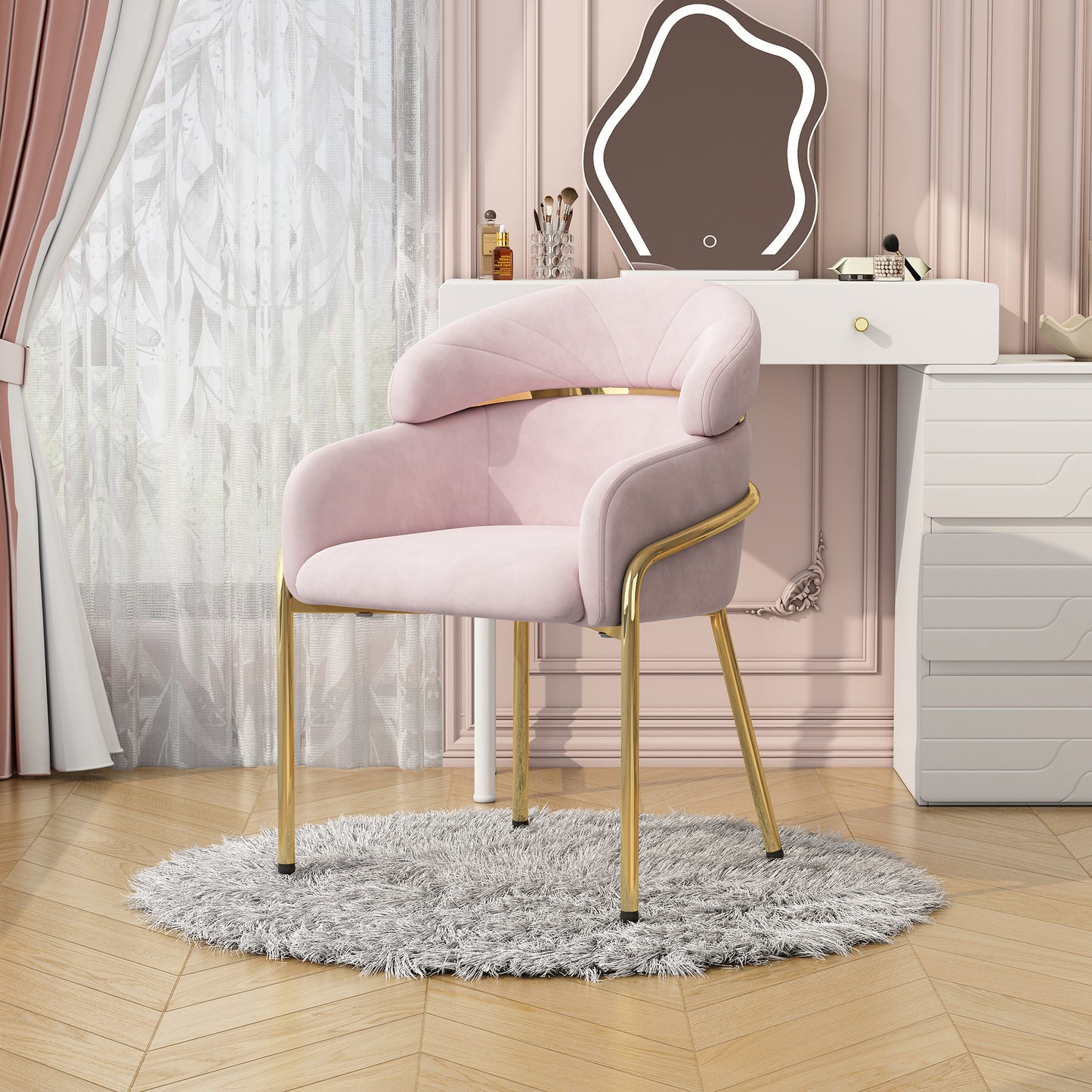 Gigab2b original image - Esszimmerstuhl, einzeln, leichter Luxus, Wohnzimmer, Schlafzimmer, Freizeitstuhl, mit vier Metallbeinen, Samt, Rosa