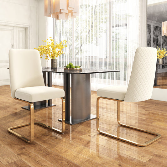 Gigab2b original image - Samt-Esszimmerstuhl, 2er-Set, luxuriös, Wohnzimmer, Schlafzimmer, Lounge-Sessel, Diamant-Rücken-Design, mit goldfarbenen Metall-Stützbeinen, Beige[OLD SKU:WF317940AAB]