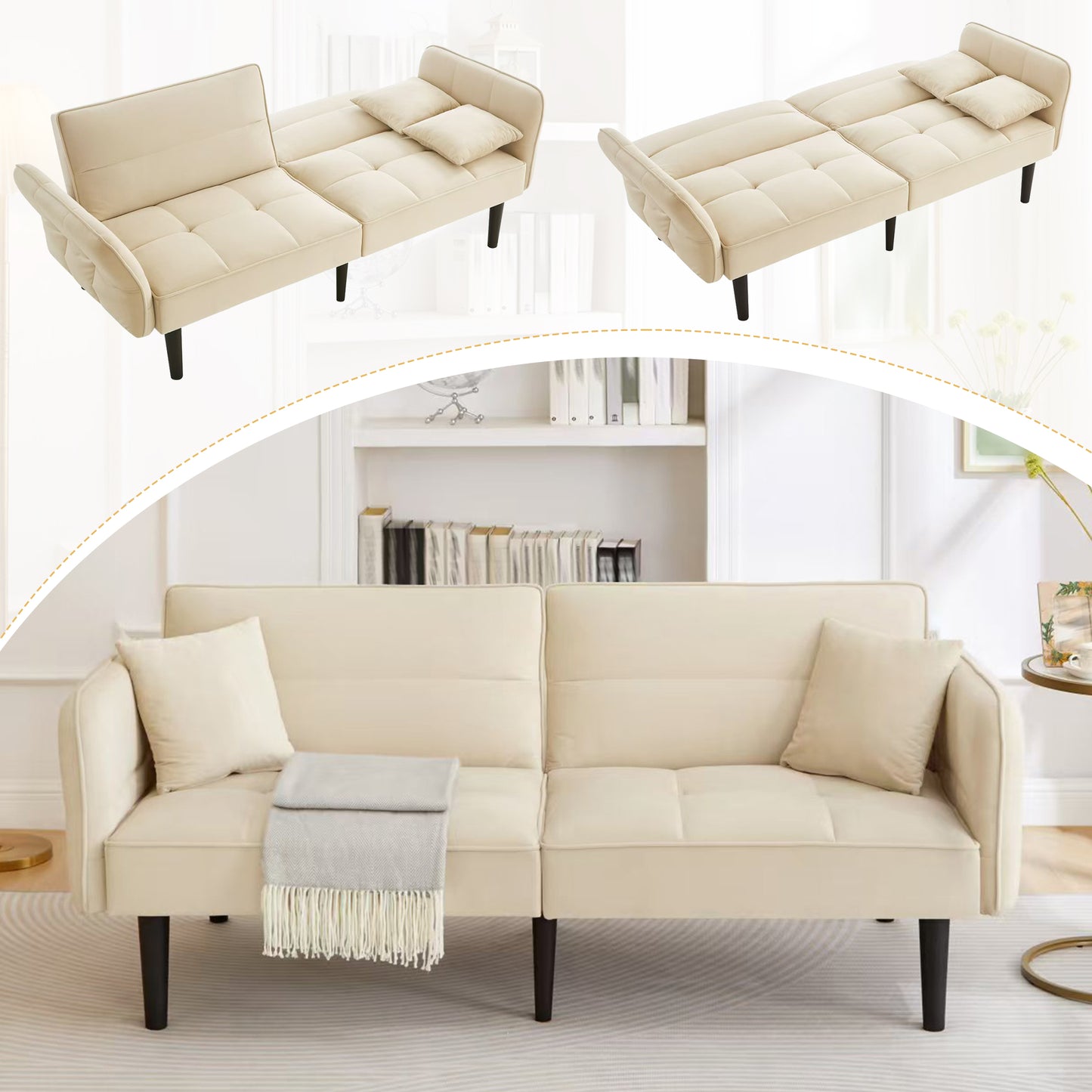 2-in-1 Verstellbares Schlafsofa – Zweisitzer mit Samtbezug, klappbaren Armlehnen & Schlaffunktion,ideal für kleine Räume