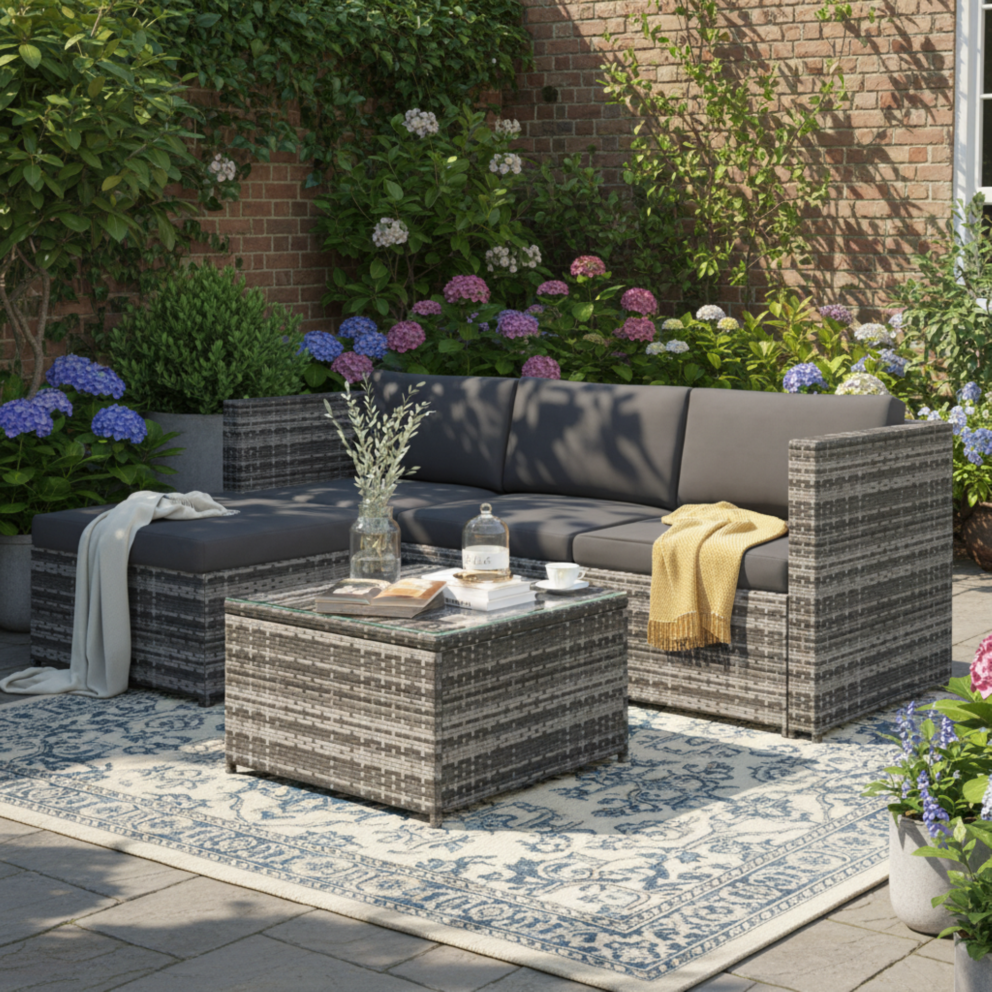 Gigab2b original image - Polyrattan Lounge-Sofagarnitur, Lounge-Gartenmöbel, Ecksofa, Couchgarnitur mit Sitz- und Rückenkissen, Lounge-Tisch mit Glasplatte, Grau