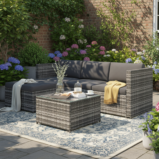Gigab2b original image - Polyrattan Lounge-Sofagarnitur, Lounge-Gartenmöbel, Ecksofa, Couchgarnitur mit Sitz- und Rückenkissen, Lounge-Tisch mit Glasplatte, Grau
