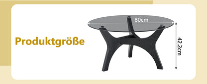 Runder Couchtisch mit Glasplatte, Moderner Wohnzimmertisch mit schwarzem Holzrahmen, Stabiler Kaffeetisch 80cm, Hitze- & Kratzfest, für Wohnzimmer, Büro & Lounge