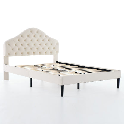 Full Size Upholstered Platform Bed Frame with Adjustable Headboard, Velvet Single Bed with Wood Slat