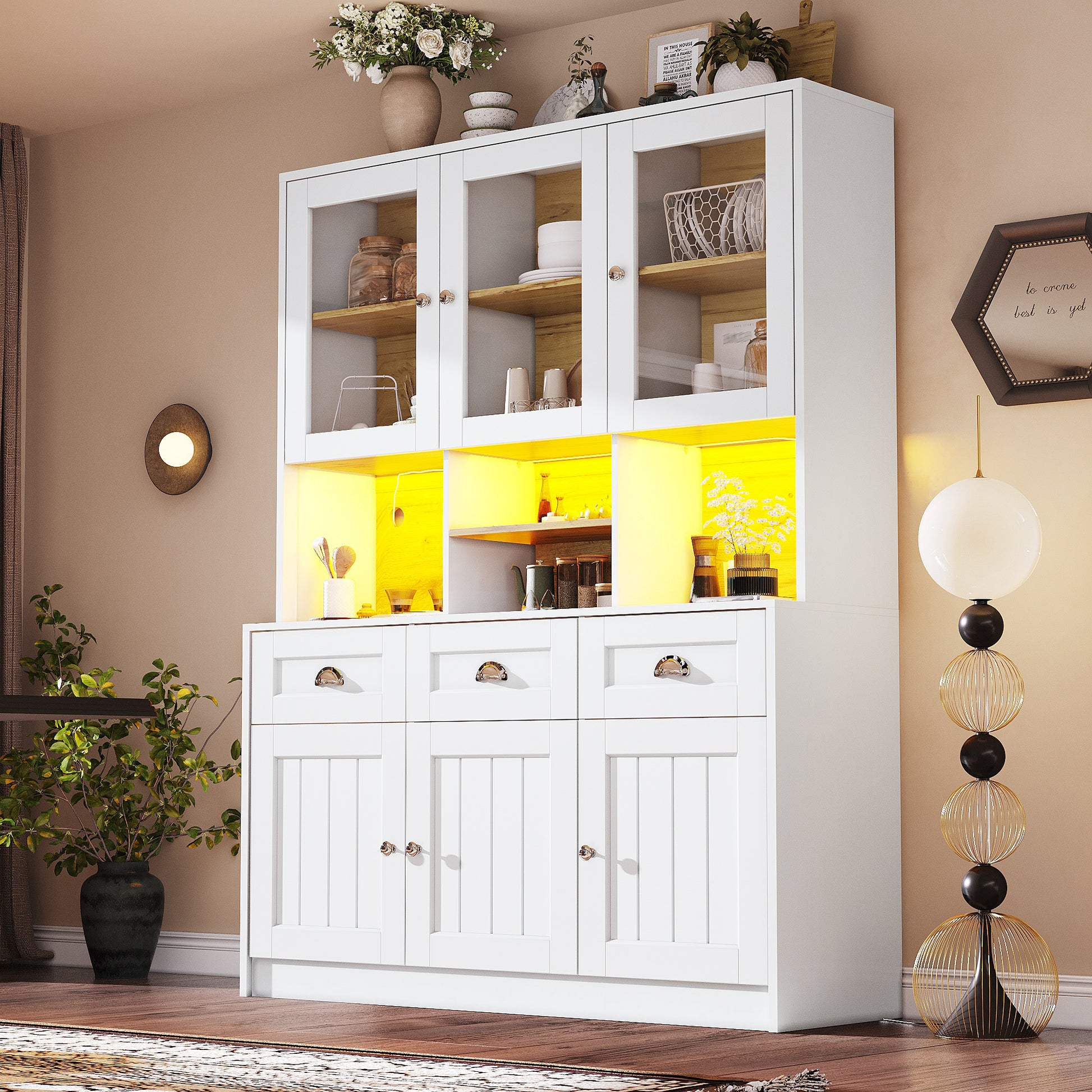 Gigab2b original image - Küchenschrank(140×40×175cm), Hochschrank Küchenbuffet, Vitrinenschrank, Buffetschrank mit Verstellbaren Ablagen, Sideboard mit LED-Beleuchtung,Variable Lichtfarben, Weiß/Schwarz