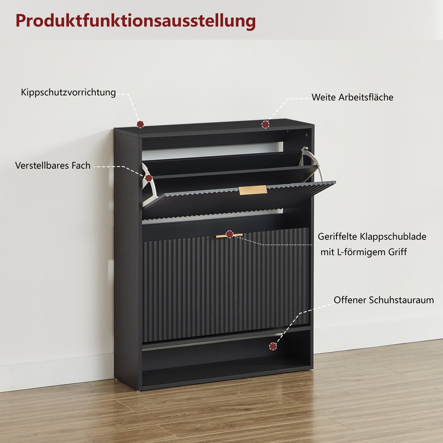 80 x 24 cm Schuhschrank mit Nutfront – Höhenverstellbar mit Kippschutz und Dekotisch für den Flur, in Schwarz