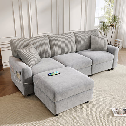Gigab2b original image - Modernes Sofa mit 1 Fußhocker, 2 quadratischen Kissen, 1 USB-Anschluss und 1 Type-C-Anschluss, Grau (Maße: B223 × H84 × T146 cm)